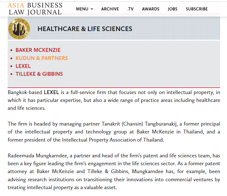 LEXEL Recognized for Excellence in Healthcare & Life Sciences in the Asia Business Law Journal’s 2024 Thailand Law Firm Awards